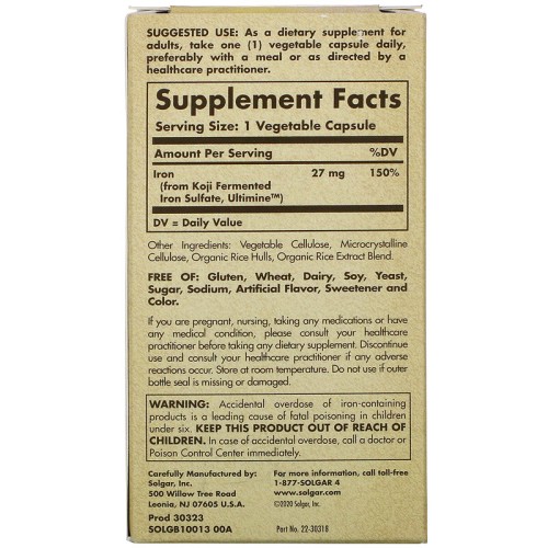 Solgar EarthSource Food Fermented Koji Iron 27 mg 30 Vegetable Capsules
